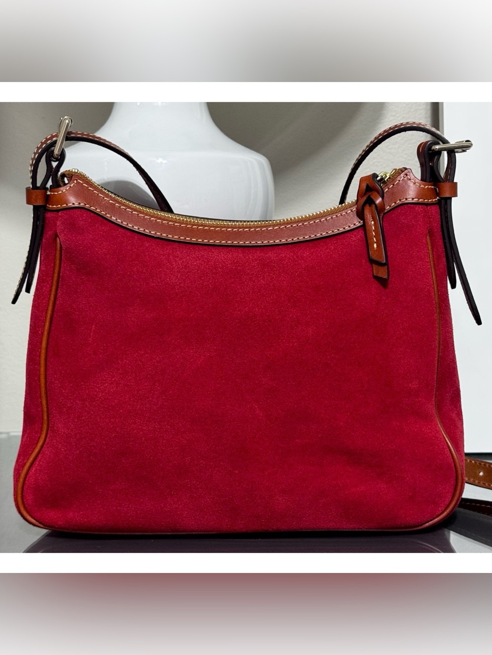 Dooney & Bourke Red Suede Letter Carrier Crossbody Bag Brown Leather - Picture 2 of 10